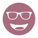 Circular icon with a smiling face wearing glasses in dark rose, representing the Acunis FL-41 Dark lens tint.