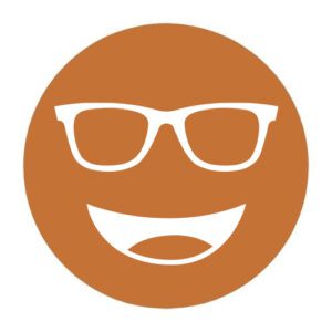 Circular icon with a smiling face wearing glasses in medium orange-brown, representing the Cocoon Hazelnut lens tint.