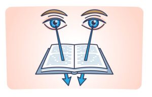 convergence-ins-1024x1024-3 Illustration representing convergence insufficiency, showing two eyes struggling to focus on an open book, with arrows depicting difficulty in converging towards the pages.