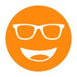 Circular icon with a smiling face wearing glasses in bright orange, representing the Eschenbach Orange lens tint.