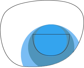 ff-trifocal-2 Illustration of a freeform trifocal lens showing layered blue segments, representing different focal zones within the lens.