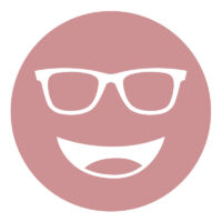 Circular icon with a smiling face wearing glasses in medium rose, representing the FL-41 50% lens tint.