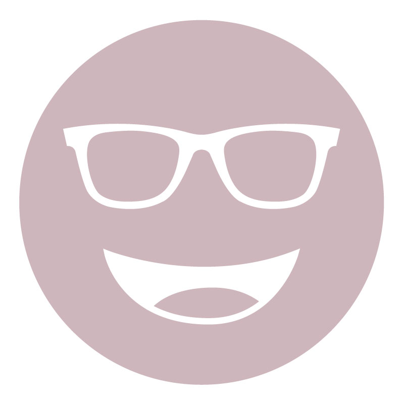 Circular icon with a smiling face wearing glasses in light rose, representing the FL-41 75% lens tint.