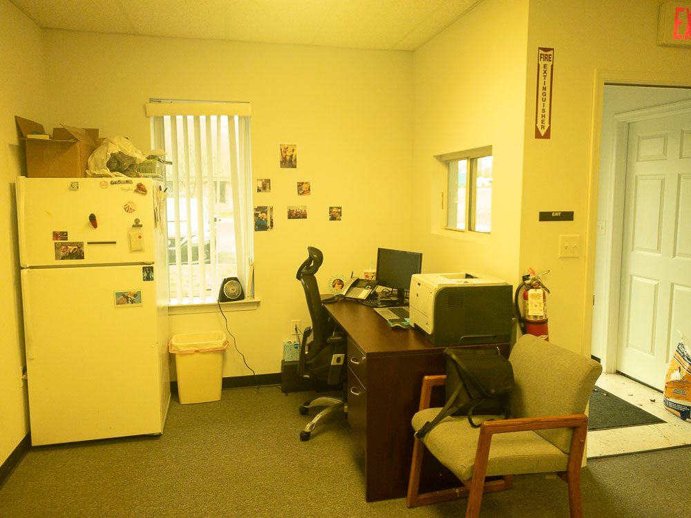 An office room with the 450xg tint, adding a greenish-yellow overlay to the scene, creating a subdued yet warm effect that softens the appearance of the furniture and decor.