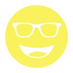Circular icon with a smiling face wearing glasses in bright yellow, representing the Noir-33 lens tint.
