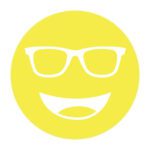 Circular icon with a smiling face wearing glasses in bright yellow, representing the Noir-50 lens tint.
