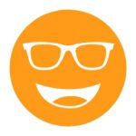 Circular icon with a smiling face wearing glasses in orange, representing the Noir #505 lens tint.