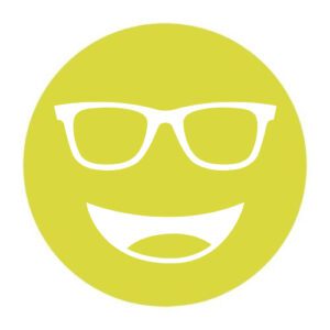 Circular icon with a smiling face wearing glasses in bright yellow-green, representing the Noir-53 lens tint.