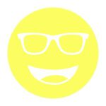 Circular icon with a smiling face wearing glasses in light yellow, representing the Noir #58 lens tint.