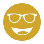 Circular icon with a smiling face wearing glasses in golden yellow, representing the Noir #65 lens tint.