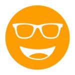 Circular icon with a smiling face wearing glasses in bright orange, representing the Noir #68 lens tint.