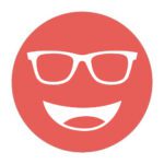 Circular icon with a smiling face wearing glasses in light red, representing the Noir #98 lens tint.
