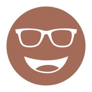 Circular icon with a smiling face wearing glasses in light brown, representing the Noir SF2 tint, similar to Noir #81.