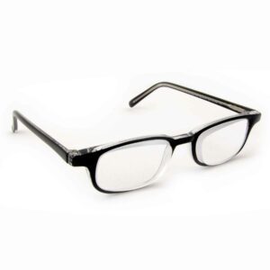 prism-readers Black rectangular prism readers eyeglasses with clear lenses, angled slightly to the side on a white background.
