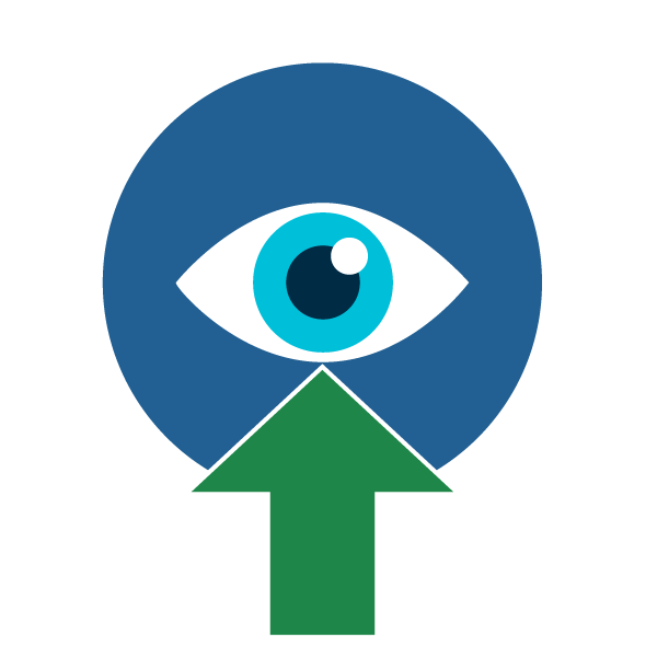 focal Illustration of peripheral vision, showing a blue eye with an arrow pointing in the center to represent focal vision
