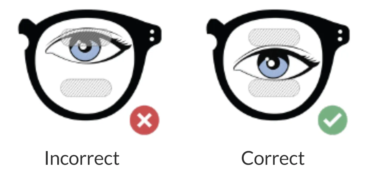 training prisms Diagram comparing incorrect and correct prism placements in glasses, with one showing misaligned prisms and the other showing properly aligned prisms.